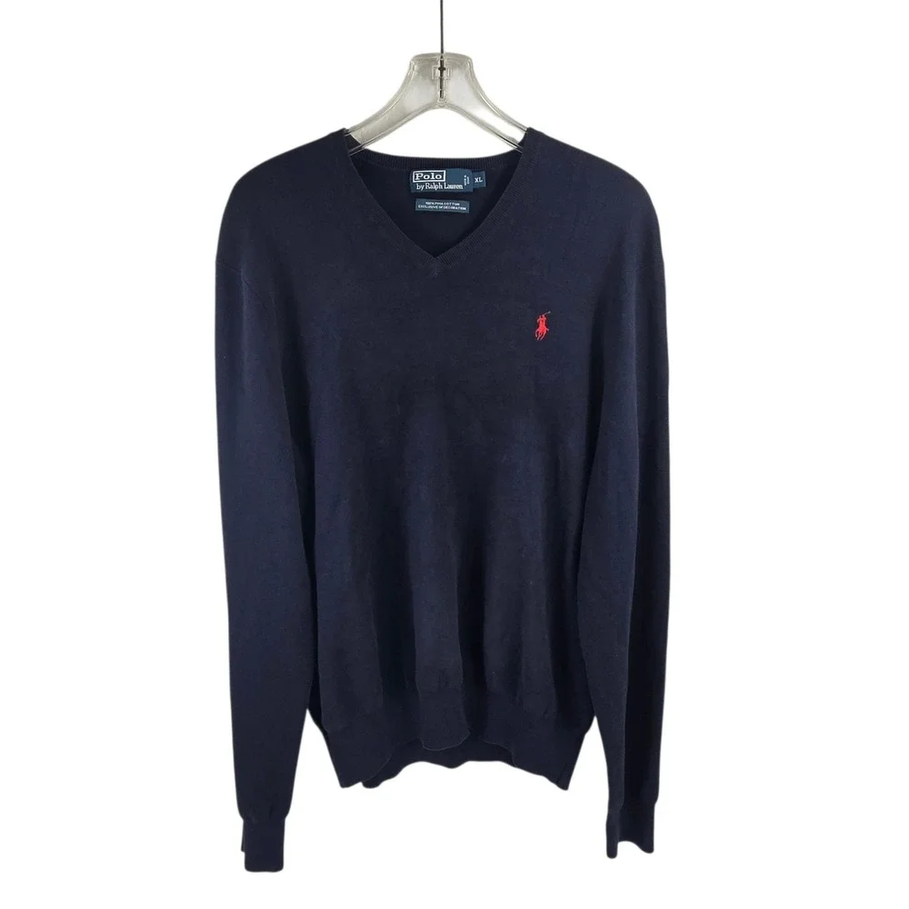 Polo Ralph Lauren Sweater V-Neck Pima Cotton Navy Blue XL Mens Pullover Pony Y2K